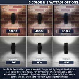 Luxrite Dusk to Dawn LED Modern Outdoor Wall Lights, 10" Cylinder, Up or Up and Down Light, 3CCT 3000K-5000K, Waterproof Wall Sconce, 12/15/18W, Dimmable, IP65, ETL, Exterior Porch Patio Garage 2-Pack