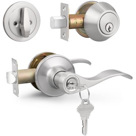 Brotima 3 Pack Keyed Alike Lever Set with Single Cylinder Deadbolt, Reversible Wave Style Satin Nickel Lockset, Lever Door Handle with Key and Lock for Bedroom, Front Door