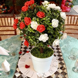1 Pcs Wonderland Theme Party Decoration Artificial Boxwood Balls Topiary Tree with 30 Red and White Roses 16" Wonderland Tree Centerpiece Supplies for Birthday Baby Shower Fairy Tea Party