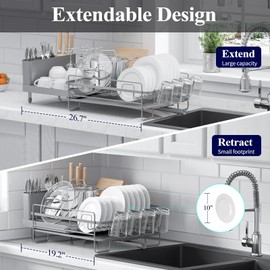 Kitsure Extendable Dish Rack, Large Drying Dish Rack with Cutlery & Cup Holders, Dish Racks for Kitchen Counter, Multifunctional Dish Racks for Counter with Drainage 27" L x 12.9" W, Grey
