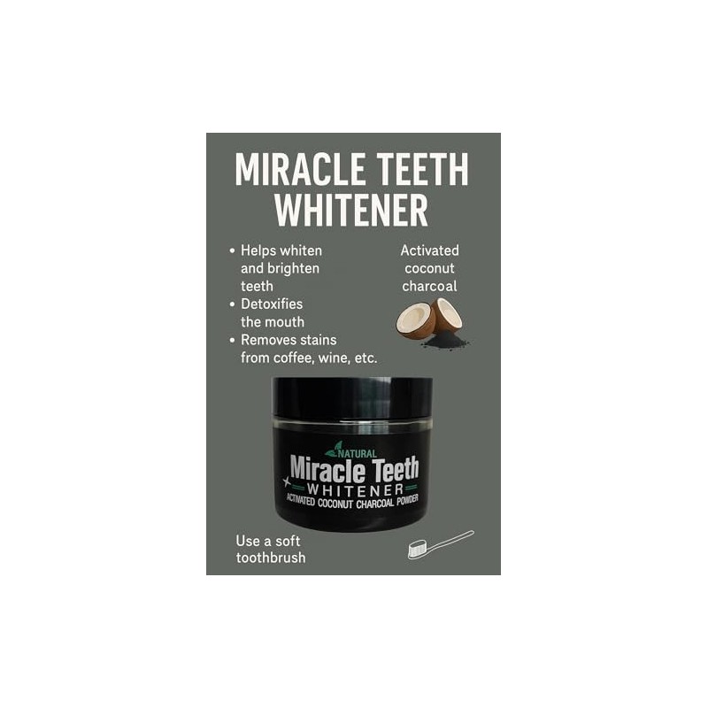Miracle Teeth Whitener, Polvo Blanqueador Natural con Carbón Activado de