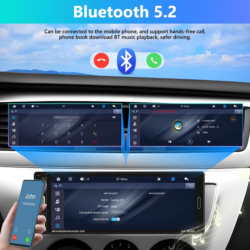 Motorsi Single Din Car Stereo with Wireless Apple Carplay, 6.9