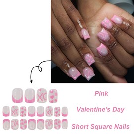 24Pcs French Tip Press on Nails Pink Heart Fake Nails Short Square False Nails with Designs Valentin Day Glue on Nails Full Cover Acrylic Artificial Nails Cute Stick on Nails for Women Nail Decor