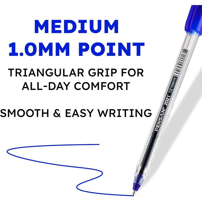 Pensan 2021 Ballpoint Pens, 1.0mm Medium Point, Ergonomic Triangular Grip,