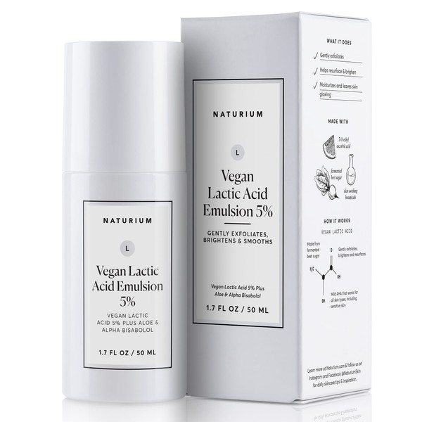 Naturium Vegan Lactic Acid Emulsion 5% Plus Aloe & Alpha Bisabolol, Skin Brightener & Aging Skin Treatment, 1.7 oz