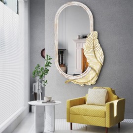 Yamyeud Oval Wall Mirror Decorative, Rustic White Wood Mirrors with Elegant Feather for Living Room, Bedroom, Bathroom, Hallway, 22x40 Inch