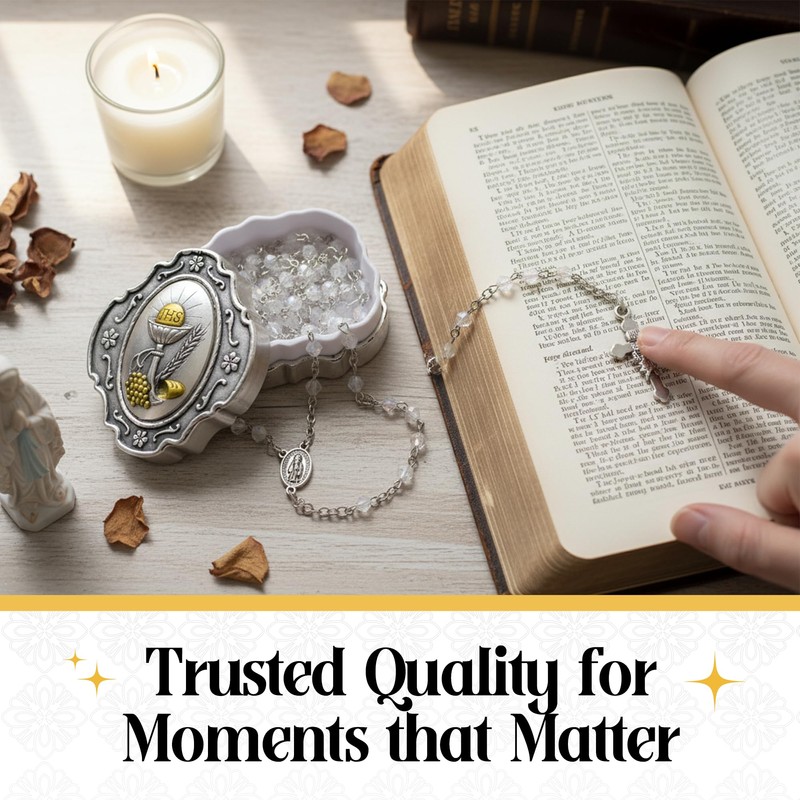 Catholic Rosary Beads with Metal Keepsake Gift Box Set (Padre