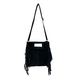 Handbag Suede Bag with Fringes Shopper Suede Made in Italy Suede Shoulder Bag in Two Designs, V1 Black