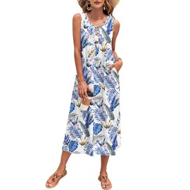 MOLERANI Sundresses for Women 2025 Printed Maxi Dress Sleeveless Summer Maxi Dress Casual T Shirt Dress with Pockets Dress,Floral Leaves,S
