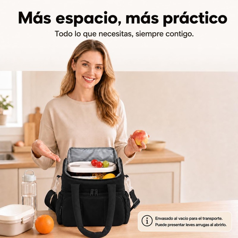 Lonchera Térmica para Mujer, Bolsa de Almuerzo de 2 Compartimentos,Negra