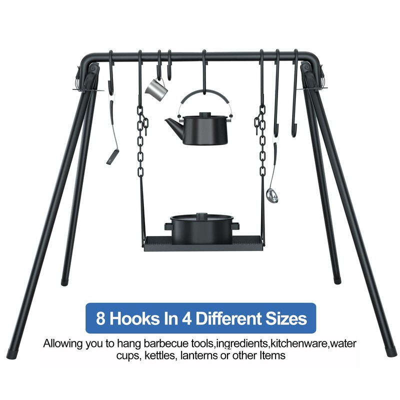 RELIANCER Grill Swing,Campfire Grill Cooking Stand w/8 Hooks & Storage