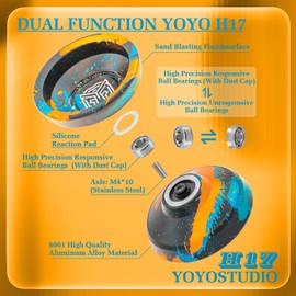 YOYOSTUDIO H17 Responsive Yoyo Professional Dual Purpose Yoyo for Kids 8-12 Unresponsive Yo Yo for Adults with Yoyos Bearings Kits, 10 Yo-Yo Strings, Case & Glove (Black Gold Blue)