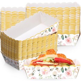Funnymoom 48 Pcs Pink Floral Paper Food Trays Flower Nacho Boat Trays Disposable Snack Holder for Spring Birthday Tea Party Baby Shower Bridal Wedding Supplies