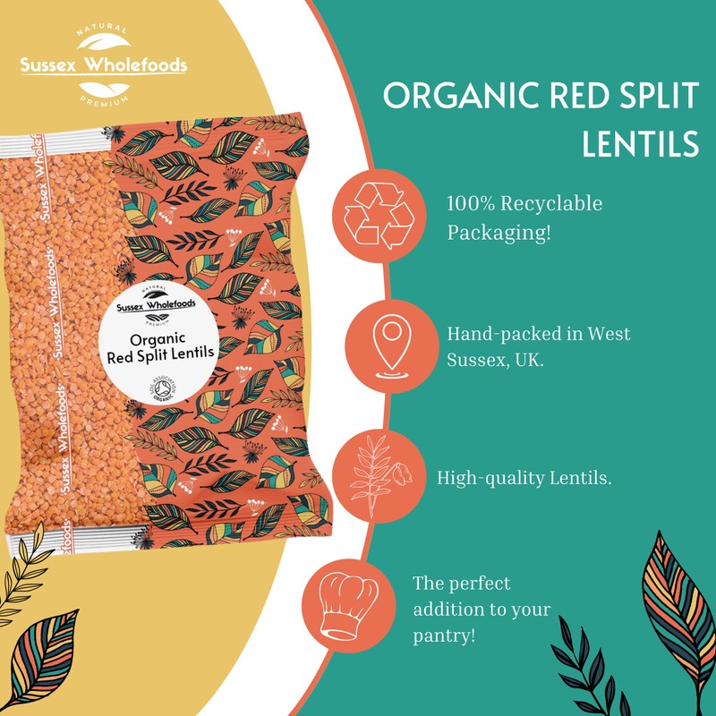 Sussex Wholefoods: Organic Red Split Lentils 500g - Protein-Packed, Quick-Cooking