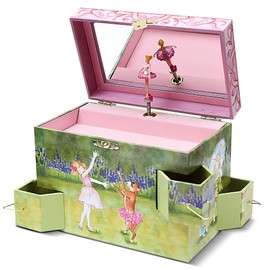 Enchantmints Ballet Friends Musical Jewelry Box for Girls Spins to Swan Lake 4 Pullout Drawers Dog & Ballerina Treasure Storage