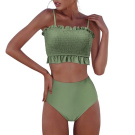 RXRXCOCO Womens Shirred Bandeau Bikini Cute Two Piece Swimsuit Off Shoulder High Waist Bathing Suit Army Green X-Small