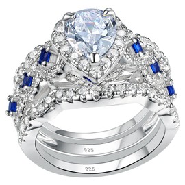 Newshe Engagement Wedding Ring Set 925 Sterling Silver 3pcs 2.5ct Pear Shape White Cz Blue Size 8