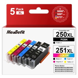 MeaBefit PGI-250XL CLI-251XL Ink Cartridges Replacement for Canon 250 251 PGI-250 XL CLI-251 XL to use with Canon PIXMA MX922 MG5420 MG5520 MG5522 MG6320 MG6620 iP7220 Printer(5-Pack)
