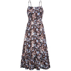 Women Dresses Sleeveless Maxi Dress Summer Casual Spaghetti Strap Smocked Tiered A Line Long Dress Black Floral XL