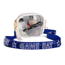 vokone Clear Bag for Stadium Events Game Day Clear Purse with Beaded Purse Strap,Stadium Approved Clear Crossbody Bag for Concerts Sports (Blue White)