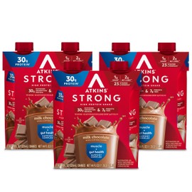 Atkins Strong High Protein Shake, Milk Chocolate, 30g Protein, 7g Prebiotic Fiber, Muscle & Gut Health Support Complex, 12 Count