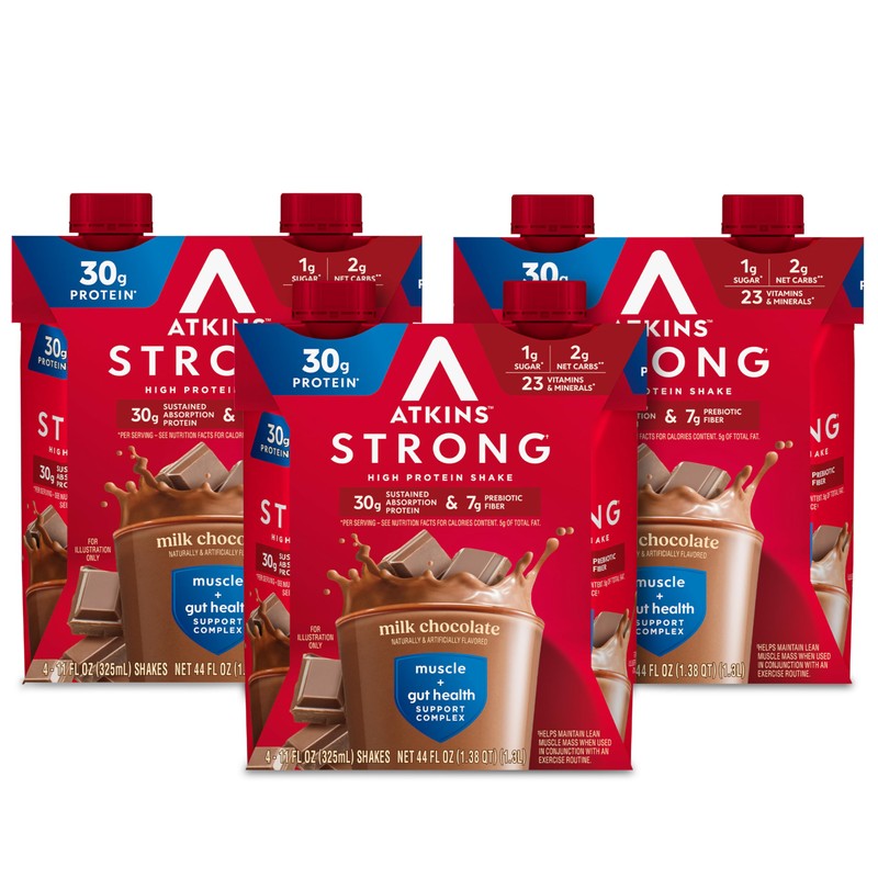 Atkins Strong High Protein Shake, Milk Chocolate, 30g Protein, 7g