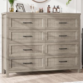 Jocoevol Farmhouse Dresser 8 Drawer Dresser for Bedroom, Large Wooden Dressers Double Grey Dresser with Deep Drawers Dressers for Hallway, Entryway (White and Brown)