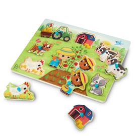 B. toys – Peek & Explore – Barnyard – Wooden Peg Puzzle – Farm Puzzle for Toddlers, Kids – 8 Barnyard Pieces – Barn, Animals, Farmers & More – 2+ Years