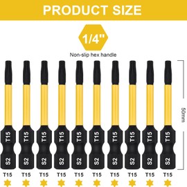 DAKCOS T15 Bit Long, Torx Bit T15, Bit Assortment from S2, Screwdriver Bit 1/4 Inch Hex Shank (Length: 50 mm, Pack of 10)