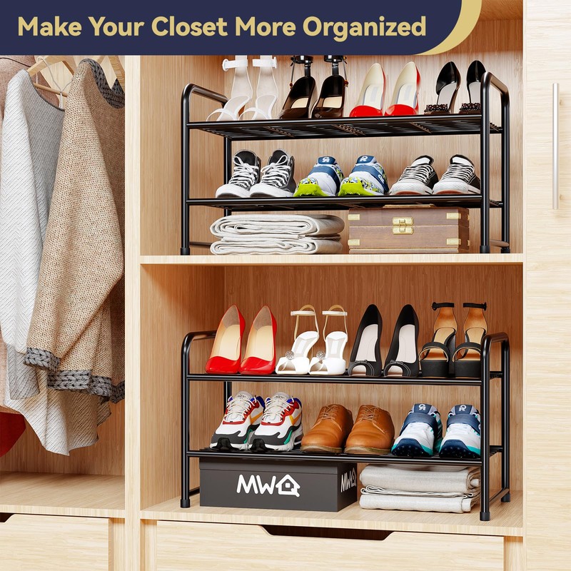 MWQ 2 Tier Shoe Rack Organizer for Closet, Stackble, Black