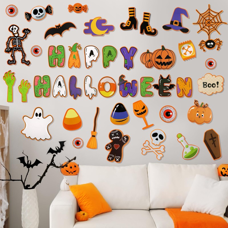 FINGOOO 45 PCS Halloween Cutouts, Cute Happy Halloween Paper Cut