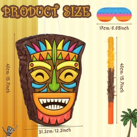 Small Tiki Pinata Tropical Hawaii Pinata with Blindfold Bat Confetti Aloha Luau Pinatas for Girls Boys Kids Hawaiian Luau Themed Party Decoration Summer Birthday Party Supplies, 15.7 x 3.1 x 12.2 Inch