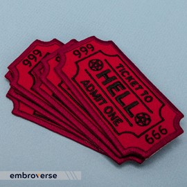 EMBROVERSE Ticket to Hell Patch - Admit One Embroidered Demon Funny Quote - Iron On Patches - Size: 3.1 x 1.7 inches