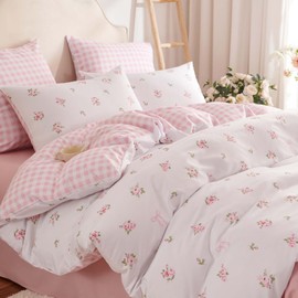 Pink Floral Comforter Set Queen Reversible Pink Gingham Bedding