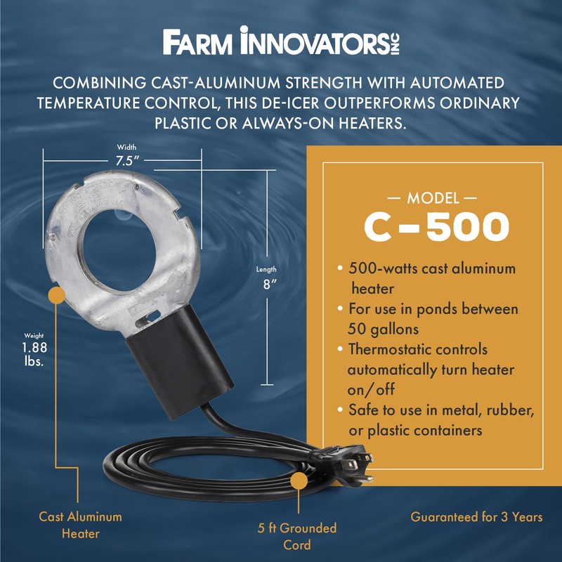 Farm Innovators C-500 Submergible Cast Aluminum Utility Water De-Icer, Powered