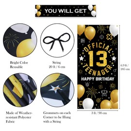 HTDZZI 13th Birthday Backdrop Banner for Boys Girls, Fabric Yard Sign, Photo Props Door Decorations, 13 Years Old Teenager Party Decor Indoor Outdoor, Black Gold Silver Theme