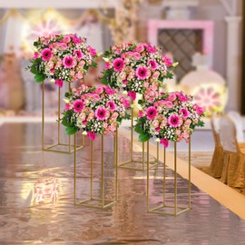 4 Pcs Metal Flower Stand for Wedding Table Party Centerpieces, Gold Wedding Flower Stand for Floral Arrangement, Geometric Flower Vase Stand Rectangular Flower Rack for Party, Events, Home Decor