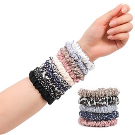 Hair Ties Silk Satin Scrunchies - Small Mini Thin Elestics Ponytail Holder Hair Bands Skinny Scrunchy For Thick Curl Hair No Crease Hair Ties Soft Accessories No Hurt Your Hair for Women and Girls (Bright series)
