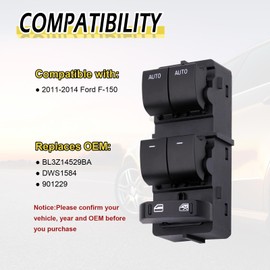 Vurkcy Master Power Window Control Switch Button Front Left Driver Side Compatible with Ford F-150 2011-2014 Replacement OEM BL3Z14529BA 901229 DWS1584