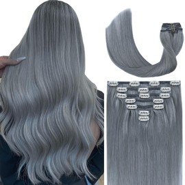 WindTouch Hair Extensions for Women Clip in, 20 Inch 70g 7pcs Gray Clip in Hair Extensions Human Hair, Natural Straight Remy Human Hair for Women Grey