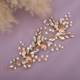 Teyglen Crystal Bride Wedding Hair Vine Headband Gold Leaf Rhinestone Headpiece Wedding Hair Accessories Bridal Crystal Pearl Headband Hair Piece for Women Girls (Gold)