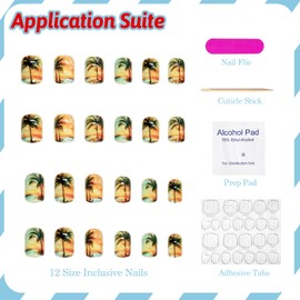 Press on Nails Short Square Ocean Fake Nails False Nails with Palm Tree Sunset Designs Beach Nails Full Cover Glossy Glue on Nails Summer Acrylic Nails for Women Girls 24Pcs