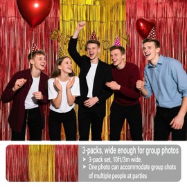 Parxara Red Gold Foil Fringe Curtains, 3 Pack Birthday Decorations Metallic Streamers, Party Photo Booth Backdrop for Holiday Wedding Engagement Bridal Shower