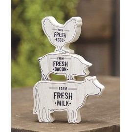 Hearthside Farmhouse Animal Wood Shelf Sitter Stack - Set of 3 - Cow Pig Chicken - Fresh Milk Fresh Bacon Fresh Eggs - Country Distressed Decor