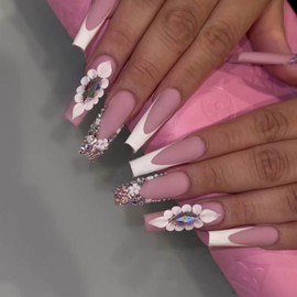 Kamize Long Press on Nails Pink French Fake Acrylic Nails Coffin Full Cover Flower Fake Nails for Women and Girls 24PCS