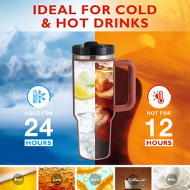 Ochapa 40 oz Tumbler with Handle Straw Lid Insulated Stainless Steel Vacuum Reusable Coffee Cup Holder Friendly Keep Drinks Cold Gifts for Christmas Lover Women Men Car Gym Travel, Brown Red