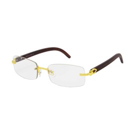 For Men's Gold Color Wood Effect Metal Frames Vintage Style Retro Eye Clear Lens Glasses (Rimless)