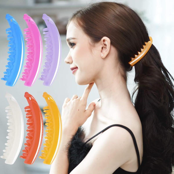 RC ROCHE ORNAMENT 6 Pcs Womens Premium Hair Plastic Banana Classic Clincher Strong Hold Ponytail Maker Girls Ladies Beauty Accessory Clasp Clip, Medium Jelly Candy Multicolor