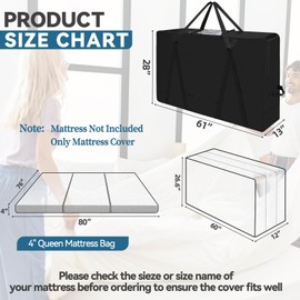 Folding Mattress Storage Bag,Trifold Memory Foam Mattress Carry Case,Portable Heavy Duty Mattress Moving Bag for Tri-Fold Guest Bed Mattress Fits 4" Queen Mattress