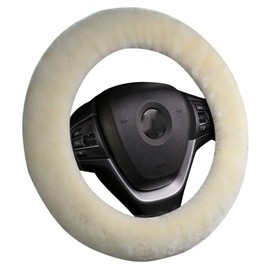 Natural Fur Fuzzy Wool Sheepskin car Steering Wheel Cover for Women and Men,Protector for Universal Steering Wheel 35CM-42CM, Anti-Slip,Comforting and Luxurious, Soft Texture (Cream White)